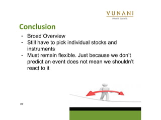 Conclusion
- Broad Overview
- Still have to pick individual stocks and
  instruments
- Must remain flexible. Just because we don’t
  predict an event does not mean we shouldn’t
  react to it




09
 