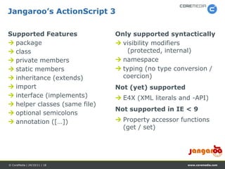 Jangaroo’s ActionScript 3

Supported Features             Only supported syntactically
 package                       visibility modifiers
 class                            (protected, internal)
 private members               namespace
 static members                typing (no type conversion /
 inheritance (extends)          coercion)
 import                       Not (yet) supported
 interface (implements)        E4X (XML literals and -API)
 helper classes (same file)
                               Not supported in IE < 9
 optional semicolons
 annotation ([…])              Property accessor functions
                                 (get / set)




© CoreMedia | 24/10/11 | 18                          www.coremedia.com
 
