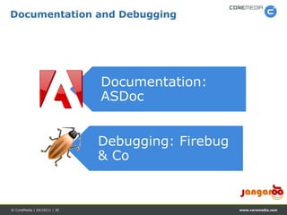 Documentation and Debugging




                              Documentation:
                              ASDoc


                              Debugging: Firebug
                              & Co


© CoreMedia | 24/10/11 | 30                        www.coremedia.com
 