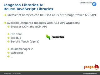 Jangaroo Libraries A:
Reuse JavaScript Libraries
 JavaScript libraries can be used as-is or through “fake” AS3 API

 Available Jangaroo modules with AS3 API wrappers:
      Browser DOM and BOM API

      Ext Core
      Ext JS 3
      Sencha Touch (alpha)

      soundmanager 2
      swfobject
     …




© CoreMedia | 24/10/11 | 32                             www.coremedia.com
 