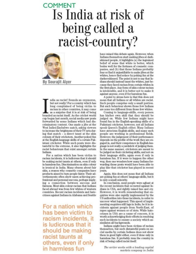 Sourajit Aiyer - The News International, Pakistan - Is India in risk of being called a racist-country, Mar 2015