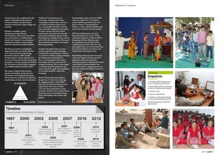 2013 // Janhit 7
Education: in pictures
6 Janhit // 2013
Education
Timeline
Educational initiatives in Sayla
1997	 2000	 2003	 2005	 2007 2010	 2012
1997
LMV Girls High
School opened
2001
47 schools
rebuilt following
Gujarat
earthquake
2004
Prem ni Parab
project initiated
with 51 schools
2005
Fulltime appointment of
Shree Chandrakantbhai
Vyas as programme
director
2007
LMV College of
Commerce & Arts
opened
2009
Jivan
Science
Centre
opened
2009
Prem ni Parab
extended
further 3 years
2012
Project Jyot
launched
2012
Prem ni Parab
further
extended
environment, it was recognised that the
quality of education being imparted
in these and other rural government
schools was poor and a major change was
essential.
Bhaishree assembled a panel
of experienced and dedicated
educationalists. Their remit was to draw
up an action plan to transform these
schools into homes for true education,
helping their pupils to create a better
future for themselves and their families.
The State Government, immediately
approved the plans presented. This led
to the ‘Prem ni Parab’ project being
launched in January 2004 initially
incorporating 51 schools. Because of its
success the Gujarat Government requested
the project to extend coverage and include
all 128 schools in Sayla District engaging
over 30,000 students and 850 teachers.
The project recognises that teachers,
parents and students are the three key
constituents of the educational process.
The involvement of all three is essential in
transforming attitudes towards education.
Children: In an environment of
enthusiasm, creativity and healthy
competition, mutual respect and trust,
each child is invited to unlock his or
hers vast potential. The Prem ni Parab
project provides equipment and support
for games, drama, elocution classes,
music lessons, arts and crafts and visits
to museums and historic places. It also
encourages the teaching of ethics, morals
and care for the environment. The aim of
these activities is to nurture and expand
these young minds.
Teachers: Throughout the year Prem
ni Parab organises capacity building
workshops for school teachers. Teachers
are trained in modern teaching techniques
by leading experts and professors.
They are encouraged to make classes
interesting, interactive, practical and
thought-provoking. They are also taught
to develop a bond of mutual love and
respect with their pupils. The capabilities
of each child should be valued and
developed.
Parents: Historically many students
dropped out of school at an early age.
By engaging parents in their child’s
education not only have drop out rates
reduced from 29% down to below
7.3%, but also participation in extra-
curricular activities has increased. Parent
committees have been formed to forge
closer relationships with teachers and
schools.
Sayla district was ranked 9th in
Surendranagar county in the year 2000,
today it is ranked 3rd. No academic
awards had been previously won, now
Sayla can boast a ‘Nationwide Best
Teacher’, a ‘State-wide Best Student’ and
several other national and state awards.
The Prem ni Parab project has now
been running for over 9 years. At the
celebratory mahotsav in February 2012,
brimming with love, Bhaishree gave
his commitment to extend the Prem
ni Parab project further. His voice was
submerged in the roar of excitement from
the overjoyed audience of teachers and
students upon hearing this news.
Raj Saubhag Ashram has been fortunate
to have the support of many esteemed
professional education specialists,
university professors, inspirational leaders
such as Shree Chandrakantbhai Vyas,
motivated teachers, engaged parents and
the hard working and spirited students of
Sayla district.
STUDENTS
PARENTS TEACHERS
Educational
transformation
In pictures
Snapshots
Education
1. Children performing drama at
Prem ni Parab Annual Festival
2. Generating electriciy workshop
at Prem ni Parab Annual Festival
3. Science class
4. Science experiments
5. Teacher conducting breathing
excercise (pranayam) workshop
6.Morning prayers at LMV Girls
High School
1 2
5
43
6
 