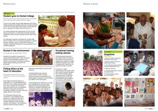 Education articles Education: in pictures
10 Janhit // 2013 2013 // Janhit 11
Student goes to Dental College
Hard work pays off as Sayla student excels in his studies
and is rewarded with a place at Dental College.
A shy yet very bright young Sandip Mithapara from Anpar
Village excelled in his studies and extra-curricular activities
to win Prem ni Parab ‘Best Pupil’ Award in 2006 when he
was in Standard 6 at Sayla Primary School No. 5.
The award opened many opportunities for him, the first
being to participate in an International Student Seminar
in Mauritius where his team returned with the ‘Best Team’
Award.
His enthusiasm and drive motivated him through High
School. In March 2012 he passed his Standard 12 exams
and was awarded a place to study BDS Dentistry at
College, a mighty achievement for a young student from a
humble background.
Putting ethics at the
heart of education
Raj Saubhag Ashram hosts two day
conference on ethics in the education
system.
In the midst of monsoon season, in
September 2011 Raj Saubhag Ashram
was host to 200 leading educationalists
from across Gujarat. For two intense
days they explored ways of developing
education at the grass-root level to
encourage children to become moral and
upright citizens of the country.
This “Education Brainstorming
Conference” was energised by the
experience, insights and ideas of a
diverse and passionate group that
included academics, policy-makers,
teachers, and students. The conference
featured several though-provoking
speeches, presentations, and two book
launches.
Chandrakantbhai Vyas, director
of the Ashram’s “Prem ni Parab”
initiative stressed the importance and
responsibility of teachers, as role-models
for children in their early years.
Acknowledging how difficult it is to make
such changes within schools, Pujya
Bhaishree inspired all participants by
referring to Gandhiji’s philosophy, and
inviting everyone to work together to
bring about changes with a gentle hand.
Vocational training:
sewing classes
The educational initiatives of
the Ashram extend to adults as
well. Ladies from Sayla and its
neighbouring villages are taught
certificate sewing courses free
of charge. Each course has 30
students and lasts 6 months.
In the past 12 years
approximately 750 women have
been trained. Ashram members
have often individually gifted
sewing machines to students,
empowering the women and
providing them with a platform
for economic self-sufficiency.
Rooted in the environment
Trees planted in all Sayla district school.
Students are taught the importance of
environmental conservation. Trees have been
planted and maintained by students in all
schools across Sayla. Preventative measures
against global warming are part of the
curriculum.
Education
In pictures
Snapshots
Education
1. Science: Students examining
slides under microscope
2. Lighting of flame for Prem ni
Parab Annual Festival
3. LMV High School girls celebrat-
ing Indian Independance Day
4. Teachers workshop
5. Cutivating enthusiasm: students
at Science Centre
6. Cultivating talent: primary
school art exibition
1 2
5
43
6
 