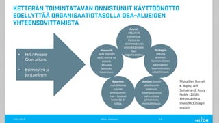 Ketterän toimintatavan onnistunut käyttöönotto
edellyttää organisaatiotasolla osa-alueiden
yhteensovittamista
11.12.2019 Minna Janhonen 13
Ihmiset: tiimiin
ja kulttuuriin
sopivuus,
itseohjautuvuus
valmentava
johtaminen,
monitaitoisuus.
Prosessit:
agile metodit
siellä minne ne
sopivat.
Muualla
ketterän
tukeminen.
Rakenne:
mahdollistaa
sujuvan
yhteistoimin-
nan - tukevat
ketterää. Ei
siiloja.
Arvot:
ohjaavat
toimintaa.
Ketterän
toimintatavan
ymmärtäminen
läpi
organisaation.
Strategia:
jatkuva
prosessi.
Toiminnallisten
päämäärien
huomioiminen
Adaptiivisuus.
Mukaillen Darrell
K. Rigby, Jeff
Sutherland, Andy
Noble (2018).
Yhtymäkohtia
myös McKinseyn
malliin.
• HR / People
Operations
• Esimiestyö ja
johtaminen
 