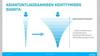 11.12.2019 Minna Janhonen 17
VIRTAUSOPTIMOINTI
Asiantuntijaosaamisen kehittymisen
suunta:
… johtaa asiakasarvon
ymmärtämiseen,
osaamisen jakamiseen
sekä yhdessä oppimiseen
 