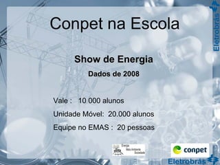 Conpet na Escola
Vale : 10 000 alunos
Unidade Móvel: 20.000 alunos
Equipe no EMAS : 20 pessoas
Show de EnergiaShow de Energia
Dados de 2008Dados de 2008
 