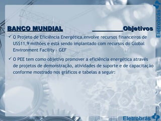  O Projeto de Eficiência Energética,envolve recursos financeiros de
US$11,9 milhões e está sendo implantado com recursos do Global
Environment Facility – GEF
 O PEE tem como objetivo promover a eficiência energética através
de projetos de demonstração, atividades de suporte e de capacitação
conforme mostrado nos gráficos e tabelas a seguir:
BANCO MUNDIALBANCO MUNDIAL ObjetivosObjetivos
 