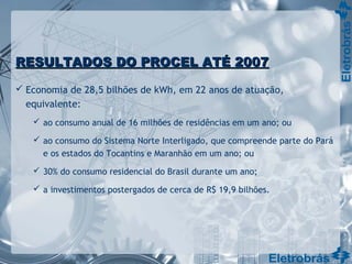 RESULTADOS DO PROCEL ATÉ 2007RESULTADOS DO PROCEL ATÉ 2007
 Economia de 28,5 bilhões de kWh, em 22 anos de atuação,
equivalente:
 ao consumo anual de 16 milhões de residências em um ano; ou
 ao consumo do Sistema Norte Interligado, que compreende parte do Pará
e os estados do Tocantins e Maranhão em um ano; ou
 30% do consumo residencial do Brasil durante um ano;
 a investimentos postergados de cerca de R$ 19,9 bilhões.
 