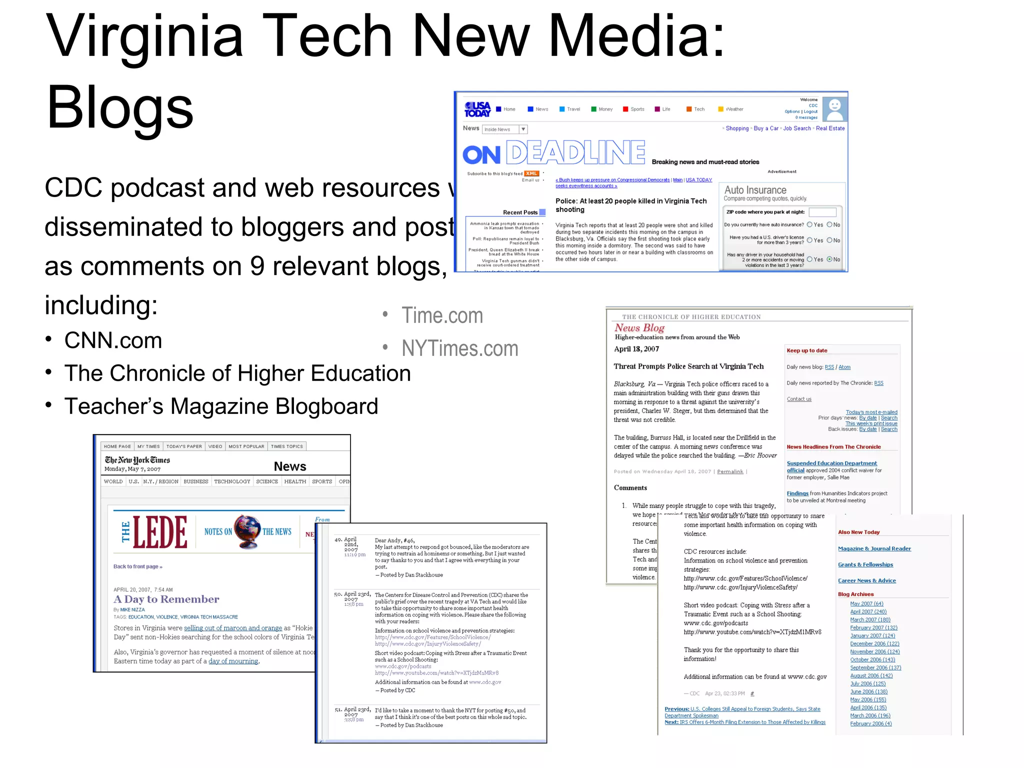 Virginia Tech New Media: Blogs CDC podcast and web resources were  disseminated to bloggers and posted  as comments on 9 relevant blogs,  including: CNN.com       The Chronicle of Higher Education Teacher’s Magazine Blogboard Time.com NYTimes.com 