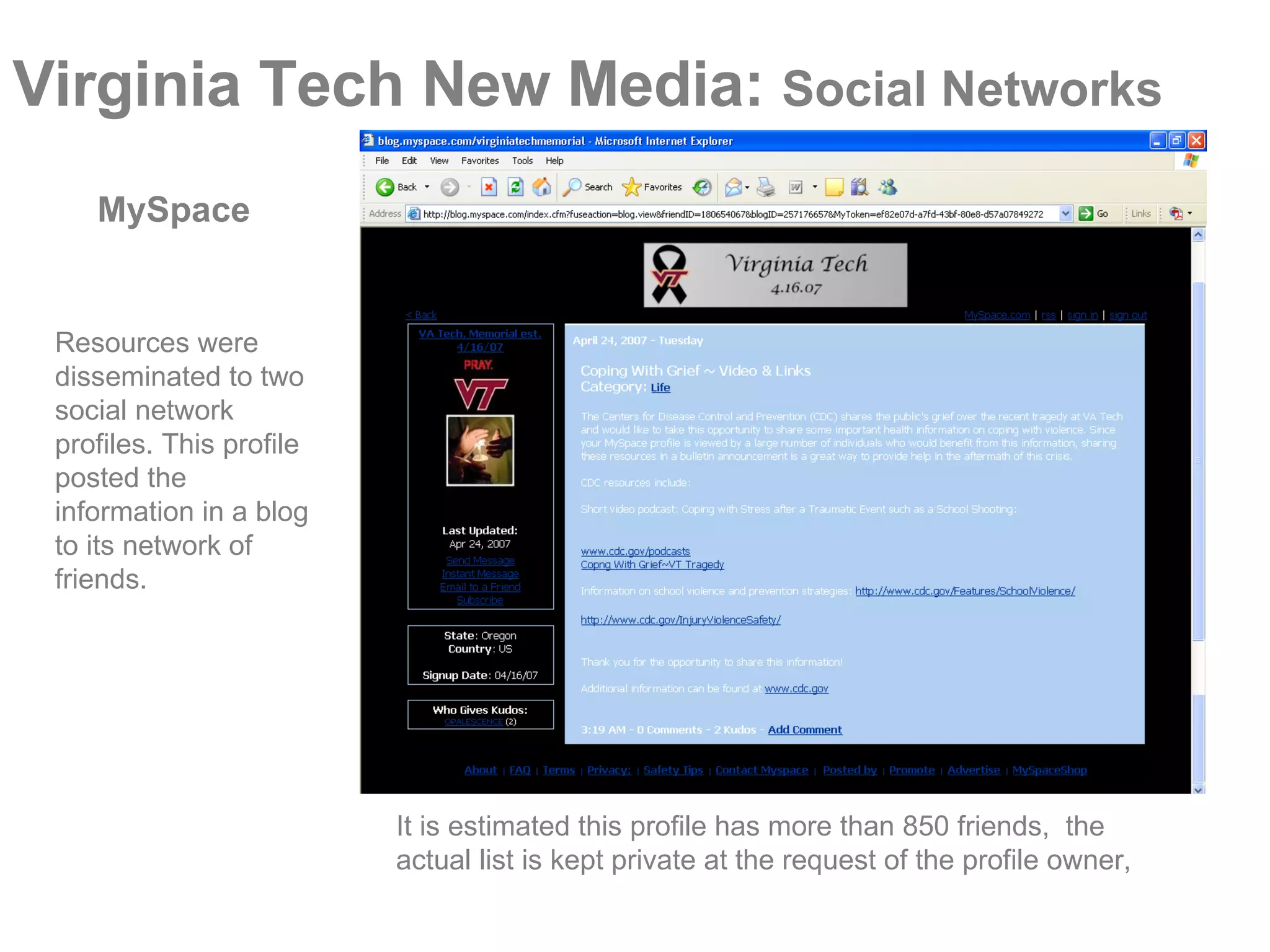 Virginia Tech New Media:  Social Networks It is estimated this profile has more than 850 friends,  the actual list is kept private at the request of the profile owner, Resources were disseminated to two social network profiles. This profile posted the information in a blog to its network of friends. MySpace 