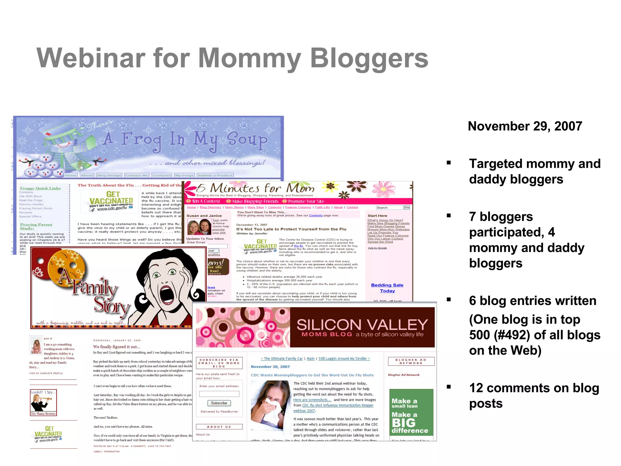 Webinar for Mommy Bloggers November 29, 2007 Targeted mommy and daddy bloggers 7 bloggers participated, 4 mommy and daddy bloggers  6 blog entries written (One blog is in top 500 (#492) of all blogs on the Web) 12 comments on blog posts 