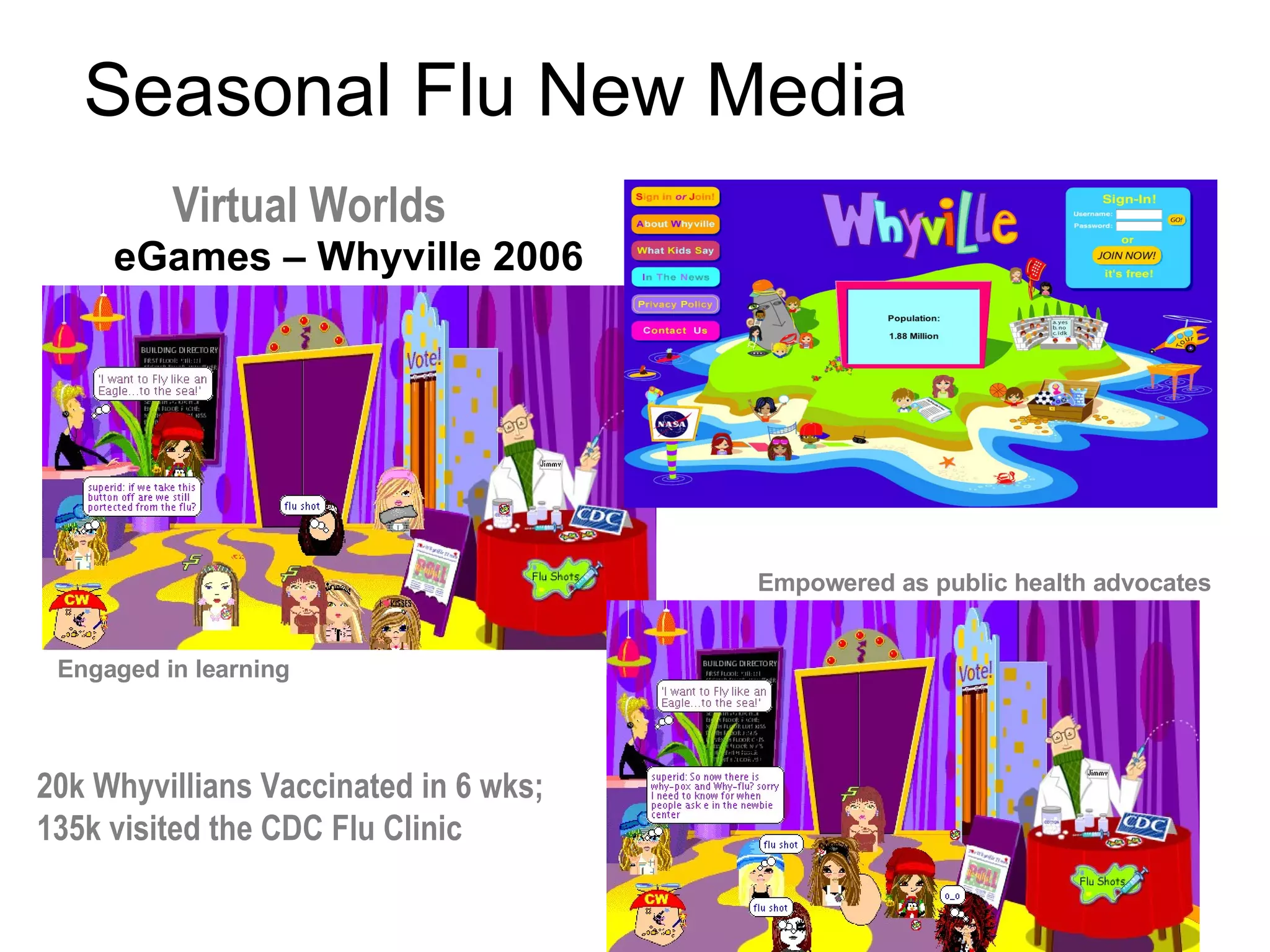 eGames – Whyville 2006 Seasonal Flu New Media Empowered as public health advocates Engaged in learning Virtual Worlds 20k Whyvillians   Vaccinated in 6 wks; 135k visited the CDC Flu Clinic 