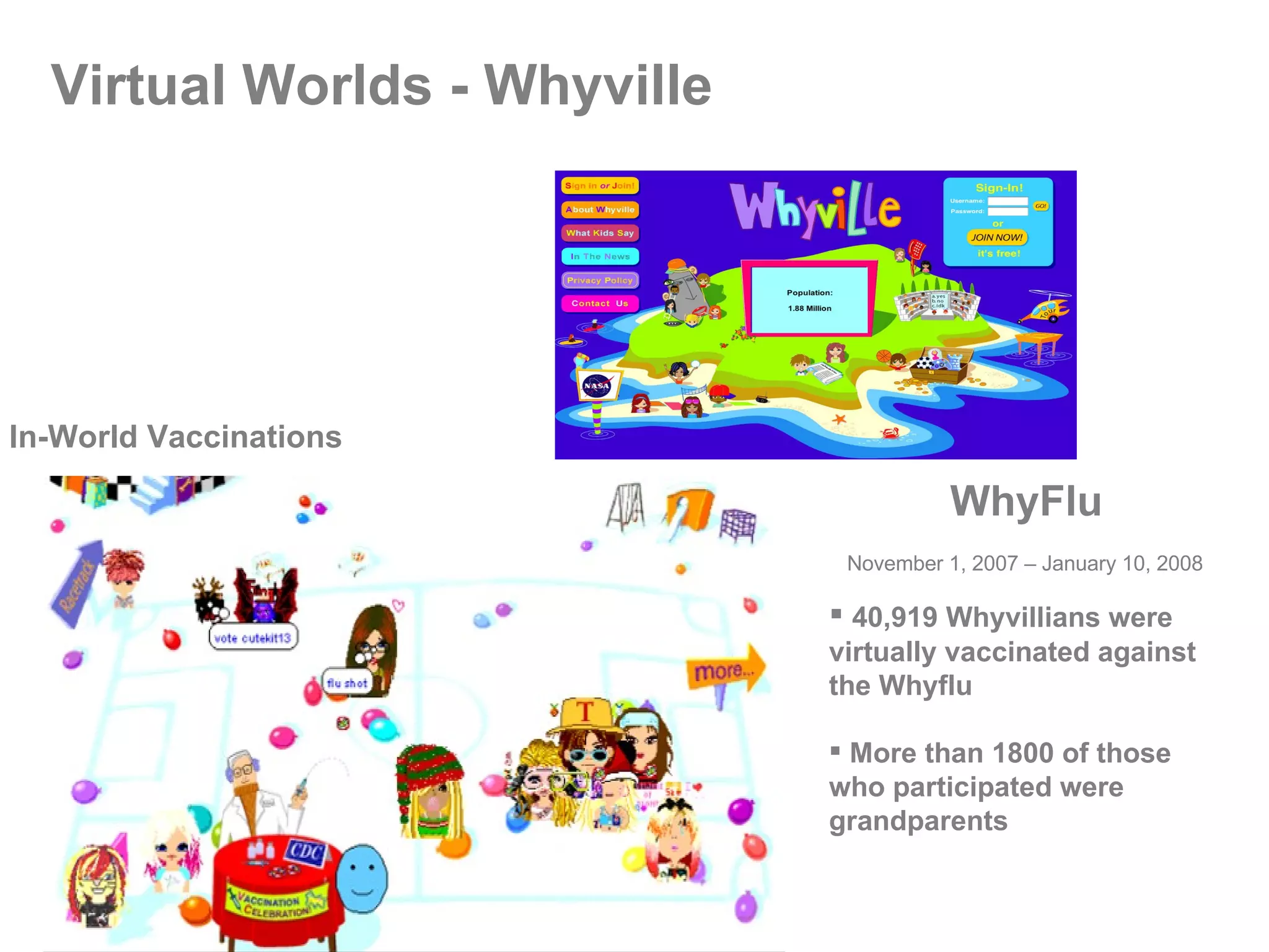 Virtual Worlds - Whyville  In-World Vaccinations WhyFlu November 1, 2007 – January 10, 2008 40,919 Whyvillians were virtually vaccinated against the Whyflu More than 1800 of those who participated were grandparents 