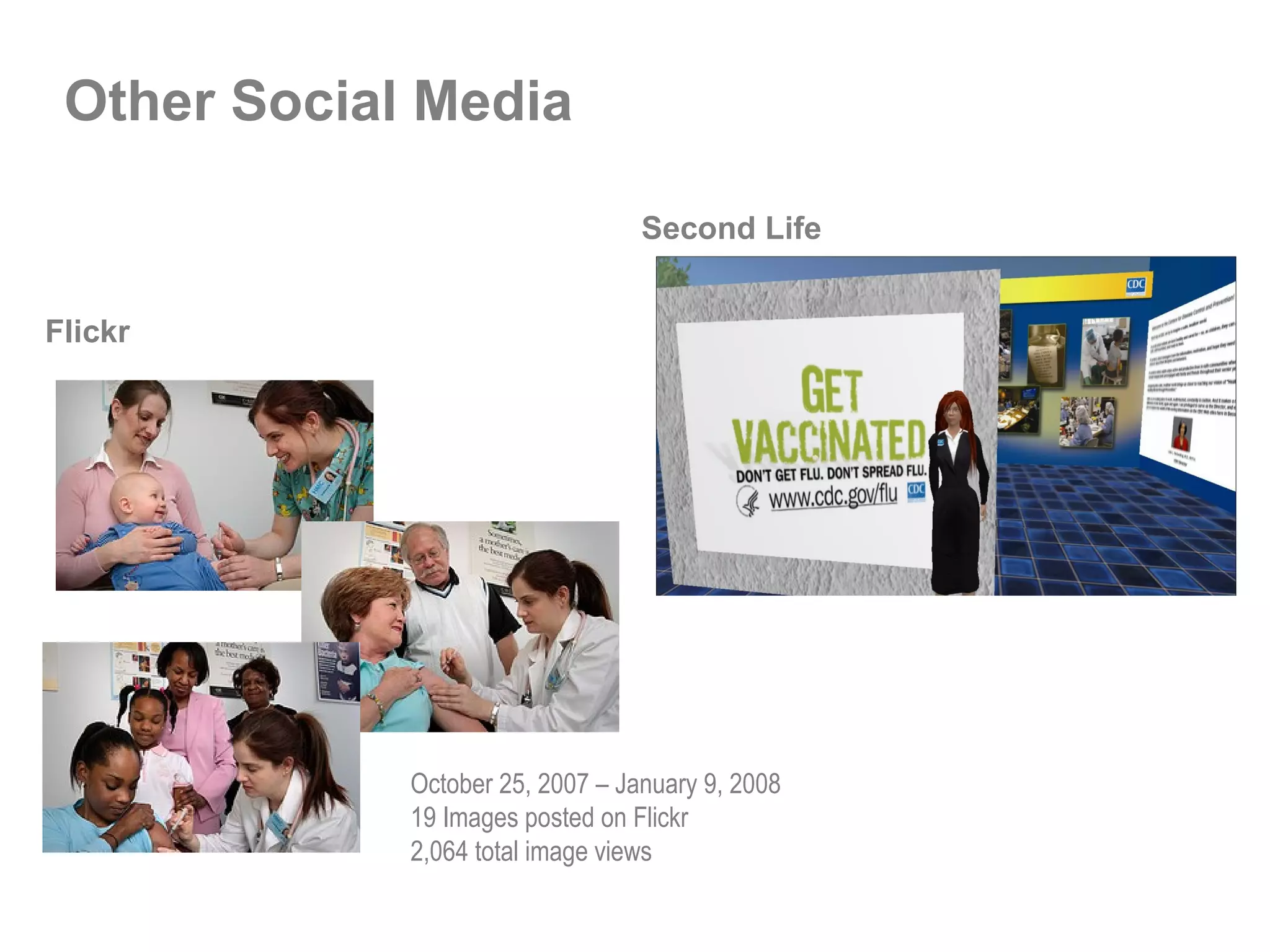 Other Social Media Second Life Flickr October 25, 2007 – January 9, 2008 19 Images posted on Flickr 2,064 total image views 