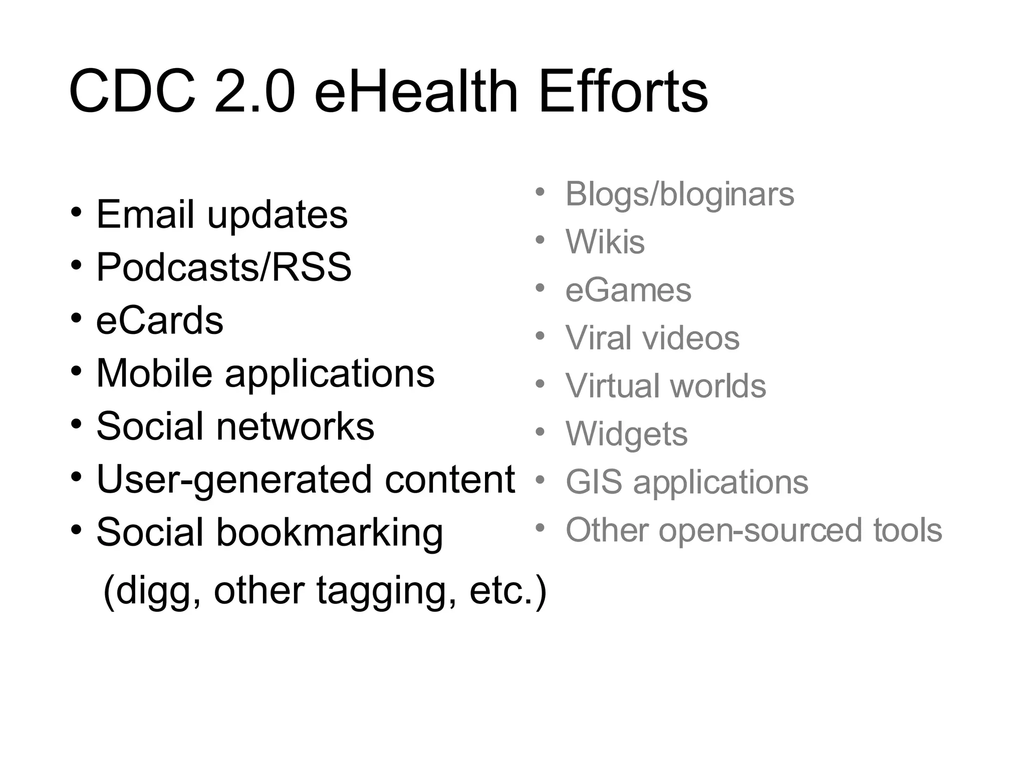 CDC 2.0 eHealth Efforts Email updates Podcasts/RSS eCards Mobile applications Social networks User-generated content  Social bookmarking  (digg, other tagging, etc.)   Blogs/bloginars Wikis eGames Viral videos Virtual worlds Widgets GIS applications Other open-sourced tools 