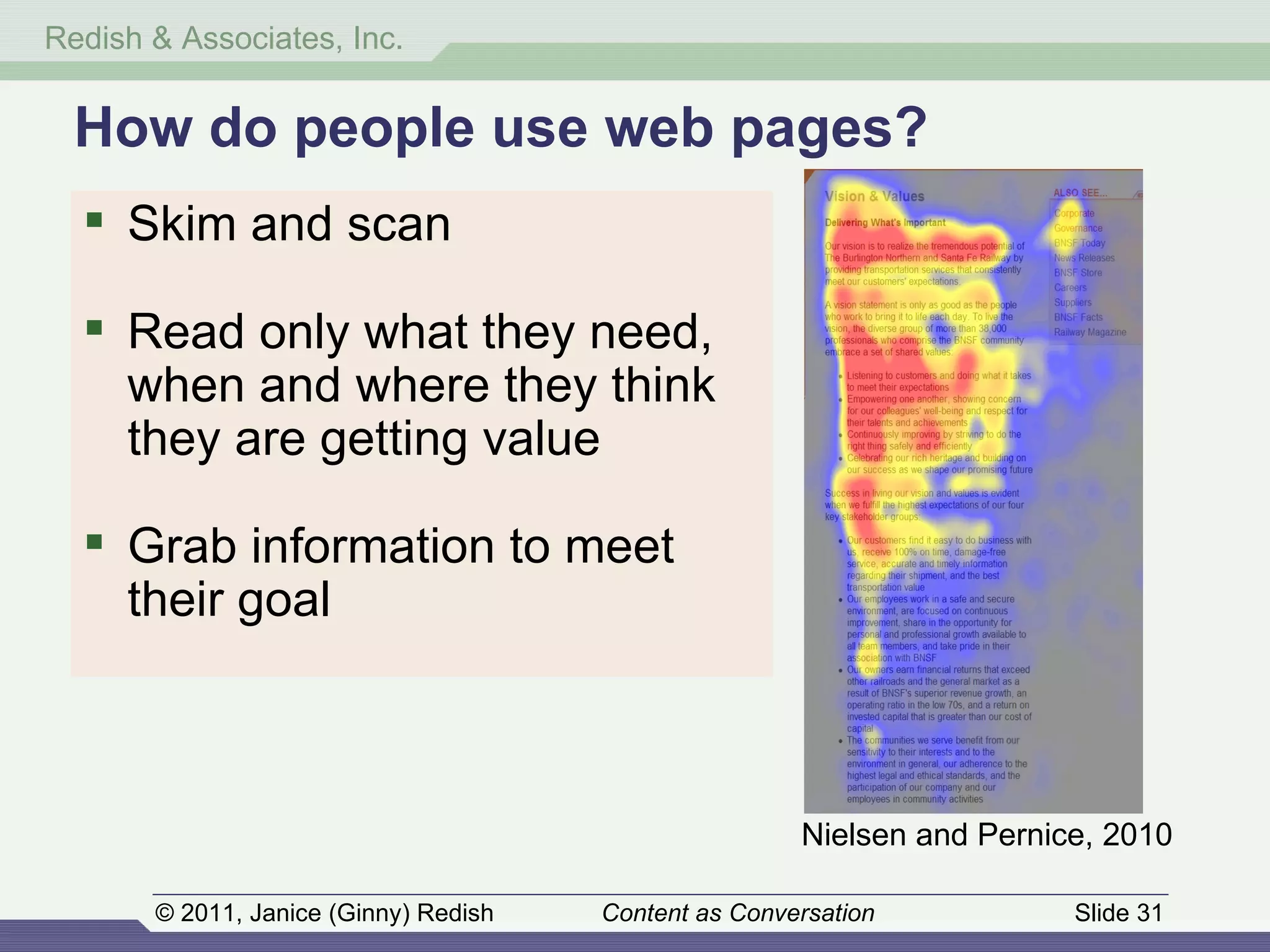 How do people use web pages? Nielsen and Pernice, 2010 Skim and scan Read only what they need,  when and where they think  they are getting value Grab information to meet their goal 