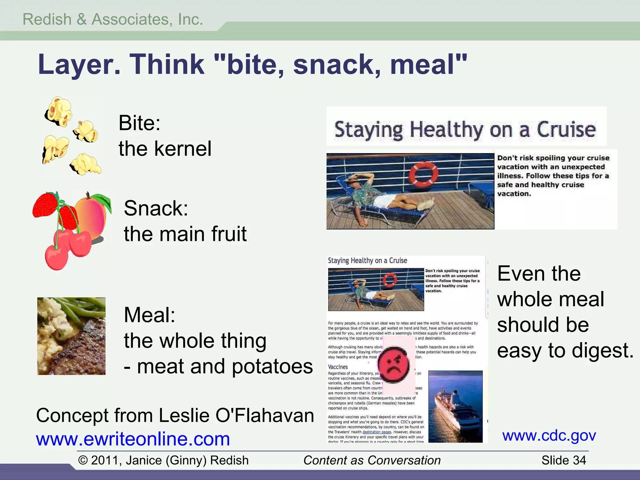 Layer. Think "bite, snack, meal" Concept from Leslie O'Flahavan  www.ewriteonline.com   Even the  whole meal  should be  easy to digest . www.cdc.gov   Snack:  the main fruit Bite:  the kernel Meal:  the whole thing - meat and potatoes 