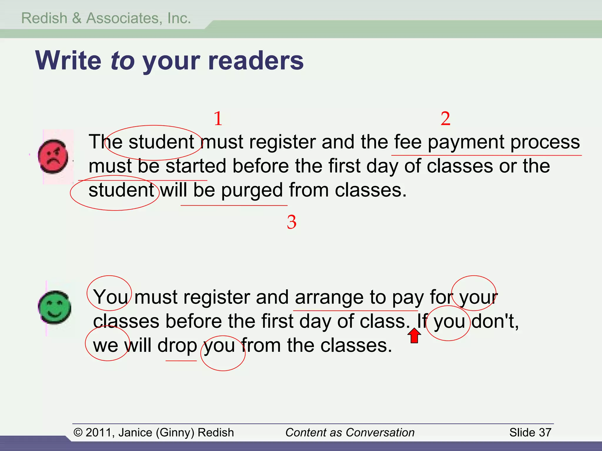 Write  to  your readers The student must register and the fee payment process must be started before the first day of classes or the student will be purged from classes.  You must register and arrange to pay for your classes before the first day of class. If you don't, we will drop you from the classes.  1 2 3 