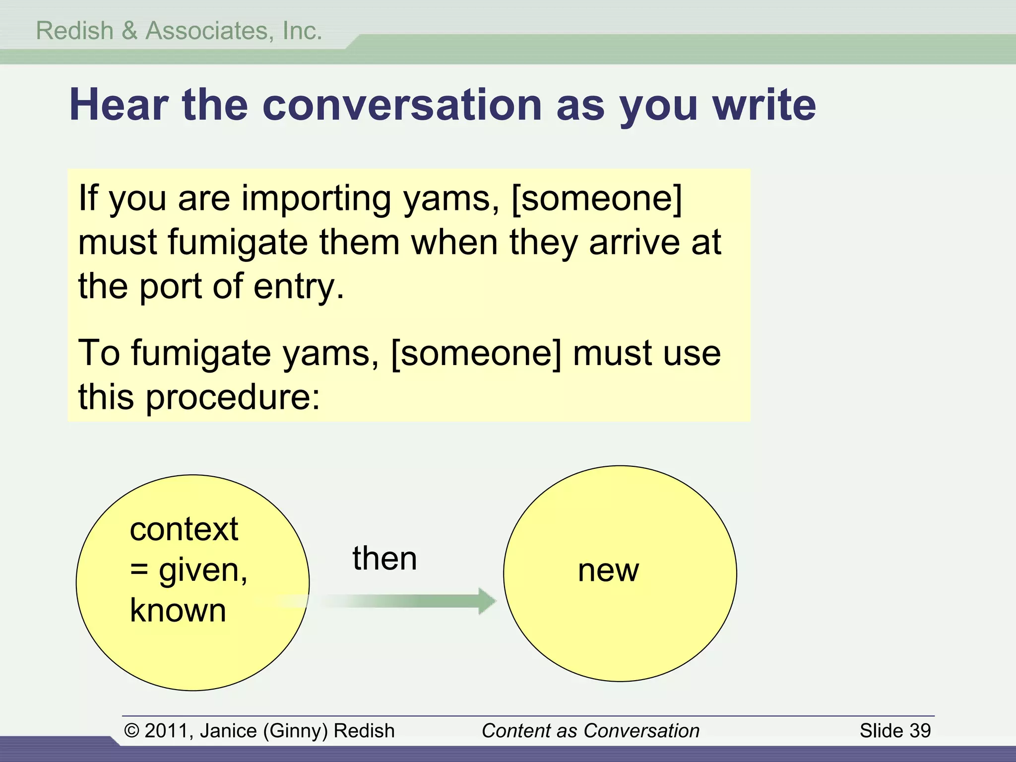 Did you say something like this? If you are importing yams, [someone] must fumigate them when they arrive at the port of entry.  To fumigate yams, [someone] must use this procedure: Hear the conversation as you write context  = given, known then new 