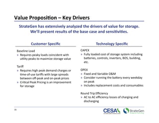 Value Proposi7on – Key Drivers 
      StrateGen has extensively analyzed the drivers of value for storage.  
            We’ll present results of the base case and sensi7vi7es. 

            Customer Speciﬁc                                Technology Speciﬁc 
  Baseline Load                                 CAPEX  
  »  Requires peaky loads coincident with       »  Fully loaded cost of storage system including 
     u>lity peaks to maximize storage value        baperies, controls, inverters, BOS, building, 
                                                   etc.  
  Tariﬀ 
  »  Requires high peak demand charges or       OPEX 
     >me‐of‐use tariﬀs with large spreads       »  Fixed and Variable O&M  
     between oﬀ‐peak and on‐peak prices         »  Consider running the bapery every weekday 
  »  Cri>cal Peak Pricing is an improvement        on peak  
     for storage                                »  Includes replacement costs and consumables 

                                                Round Trip Eﬃciency 
                                                »  AC to AC eﬃciency losses of charging and 
                                                   discharging 

35 
 