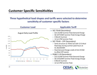 Customer Speciﬁc Sensi7vi7es   

  Three hypothe7cal load shapes and tariﬀs were selected to determine 
                sensi7vity of customer speciﬁc factors 

           Customer Load                          Applicable Tariﬀ 
                                     »  SCE TOU8 (Secondary): 
        August Daily Load Proﬁle       –    $15.41/kW Summer Peak Demand Charge 
                                       –    $0.1077/kWh Summer Peak Energy Charge 
                                       –    4 Month Summer 
                                       –    12 to 6 PM Summer Peak 
                                     »  SCE TOU8 – CPP (Secondary): 
                                       –  Same structure as TOU8, but with 12 Cri>cal 
                                          Peak Days during summer peak hours at 
                                          $1.36229/kWh 
                                       –  Peak Demand Charge credit of $12.47/kW 
                                          to oﬀset CPP events 
                                     »  PG&E E‐19 (Secondary): 
                                       –    $13.51/kW Summer Peak Demand Charge 
                                       –    $0.1555/kWh Summer Peak Energy Charge 
                                       –    6 Month Summer 
                                       –    12 to 6 PM Summer Peak 

37 
 