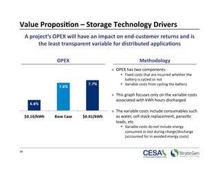 Value Proposi7on – Storage Technology Drivers 
      A project’s OPEX will have an impact on end‐customer returns and is 
           the least transparent variable for distributed applica7ons 

                  OPEX                                  Methodology 
                                        »  OPEX has two components: 
                                               Fixed costs that are incurred whether the 
                                                bapery is cycled or not 
                                               Variable costs from cycling the bapery 

                                        »  This graph focuses only on the variable costs 
                                           associated with kWh hours discharged 

                                        »  The variable costs include consumables such 
                                           as water, cell stack replacement, parasi>c 
                                           loads, etc. 
                                               Variable costs do not include energy 
                                                consumed or lost during charge/discharge 
                                                (accounted for in avoided energy costs) 


40 
 