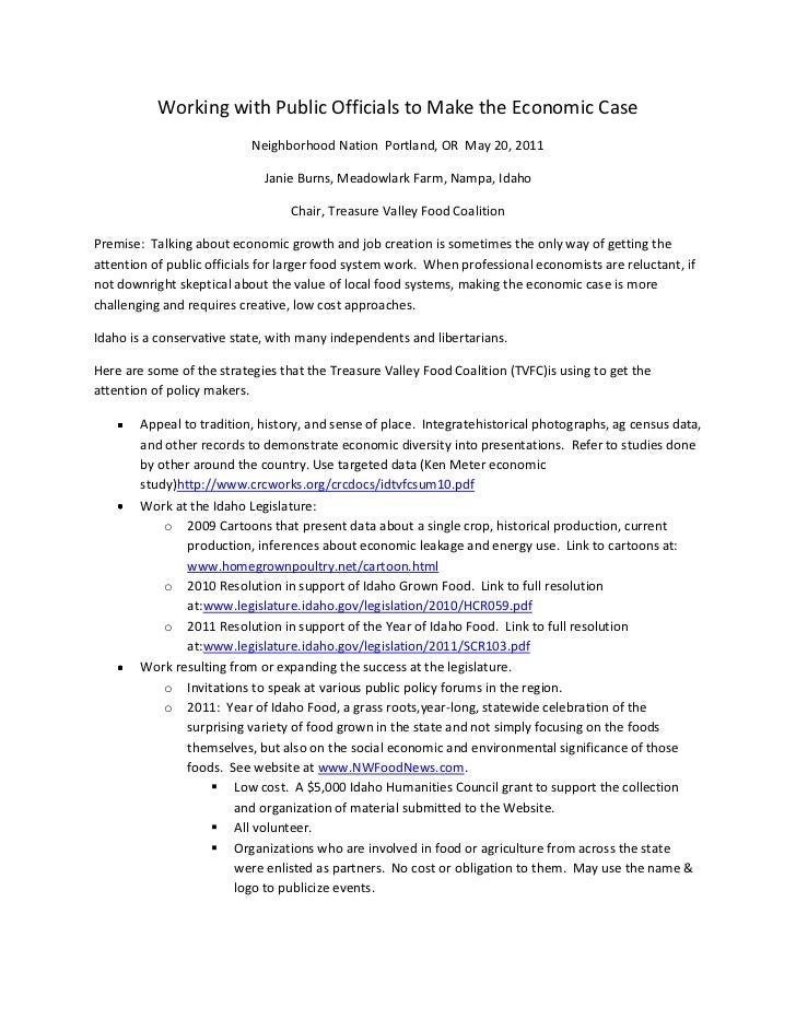 working with public officials to make the economic case outline and