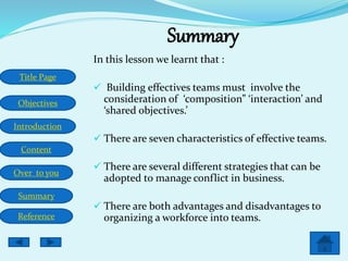 Title Page
Objectives
Introduction
Content
Over to you
Summary
Reference
Summary
In this lesson we learnt that :
 Building effectives teams must involve the
consideration of ‘composition” ‘interaction’ and
‘shared objectives.’
 There are seven characteristics of effective teams.
 There are several different strategies that can be
adopted to manage conflict in business.
 There are both advantages and disadvantages to
organizing a workforce into teams.
 