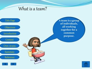 Title Page
Objectives
Introduction
Content
Over to you
Summary
Reference
What is a team?
A team is a group
of individuals,
all working
together for a
common
purpose.
 