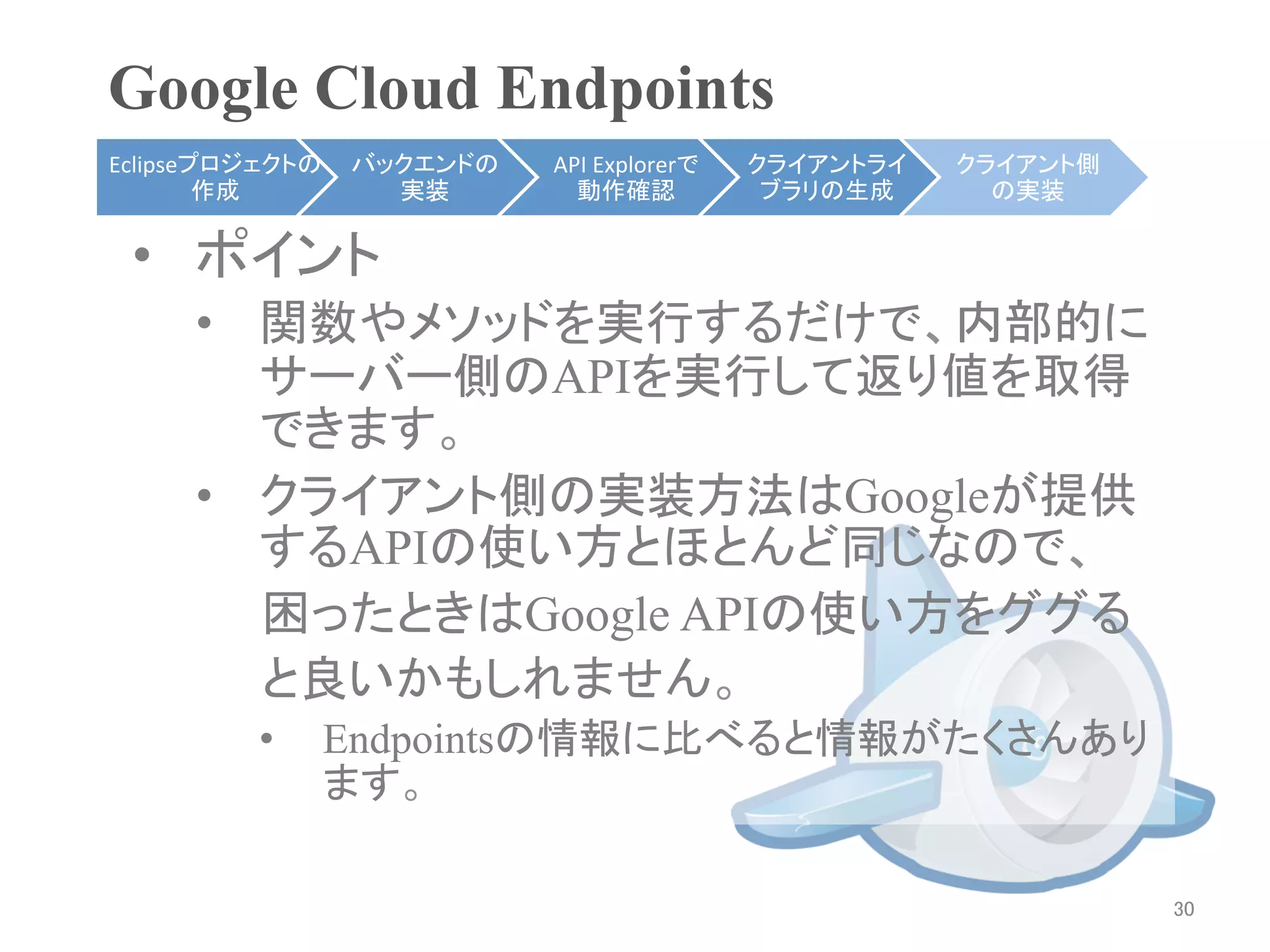 Google Cloud Endpoints	
Eclipseプロジェクトの   バックエンドの   API	
  Explorerで   クライアントライ    クライアント側
        作成	
       実装	
      動作確認	
            ブラリの生成	
     の実装	


 •  ポイント
     •  関数やメソッドを実行するだけで、内部的に
        サーバー側のAPIを実行して返り値を取得
        できます。
     •  クライアント側の実装方法はGoogleが提供
        するAPIの使い方とほとんど同じなので、
     　　困ったときはGoogle APIの使い方をググる
     　　と良いかもしれません。
         •       Endpointsの情報に比べると情報がたくさんあり
                 ます。

                                                                    30	
 