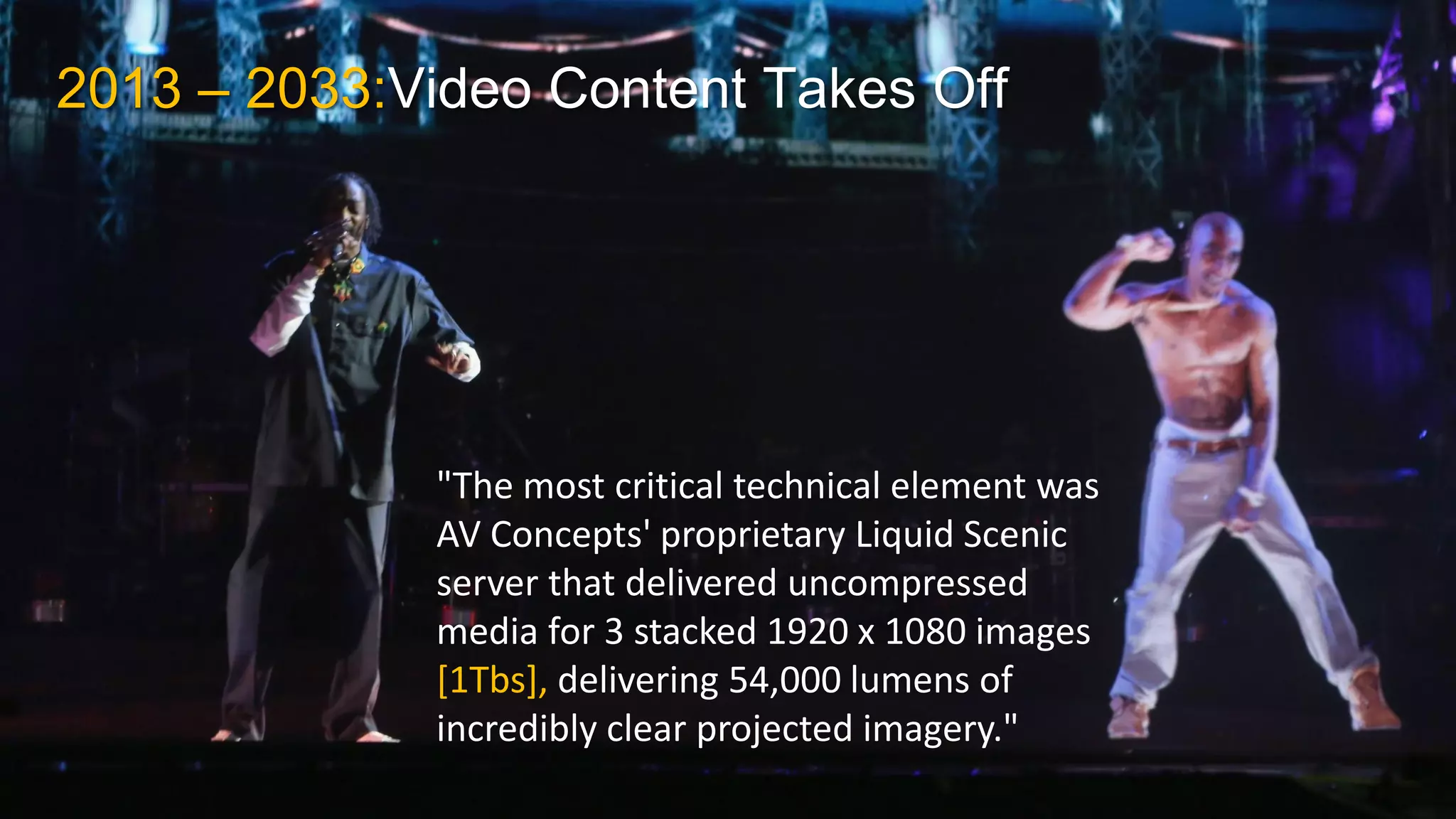 Huawei Enterprise Confidential Page 12 
2013 – 2033:Video Content Takes Off 
"The most critical technical element was AV Concepts' proprietary Liquid Scenic server that delivered uncompressed media for 3 stacked 1920 x 1080 images [1Tbs], delivering 54,000 lumens of incredibly clear projected imagery."  