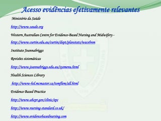 Acesso evidências efetivamente relevantes
Ministério da Saúde

http://www.saude.org

Western Australian Centre for Evidence-Based Nursing and Midwifery -
http://www.curtin.edu.au/curtin/dept/planstats/wacebnm/

Instituto Joannabriggs

Revisões sistemáticas

http://www.joannabriggs.edu.au/sysmenu.html

Health Sciences Library

http://www-hsl.mcmaster.ca/tomflem/all.html

Evidence Based Practice

http://www.ahcpr.gov/clinic/epc

http://www.nursing-standard.co.uk/

http://www.evidencebasednursing.com
 