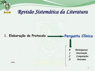 Revisão Sistemática da Literatura



1. Elaboração do Protocolo    Pergunta Clínica


                                P   Participantes
                                I   Intervenção
                                C    Comparações
                                O    Outcomes
    …
                                                32
 