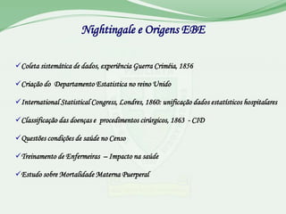 Nightingale e Origens EBE

Coleta sistemática de dados, experiência Guerra Criméia, 1856

Criação do Departamento Estatistica no reino Unido

International Statistical Congress, Londres, 1860: unificação dados estatísticos hospitalares

Classificação das doenças e procedimentos cirúrgicos, 1863 - CID

Questões condições de saúde no Censo

Treinamento de Enfermeiras – Impacto na saúde

Estudo sobre Mortalidade Materna Puerperal
 