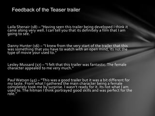 Feedback of the Teaser trailer


Laila Shenair (18) – “Having seen this trailer being developed I think it
came along very well. I can tell you that its definitely a film that I am
going to see. ”

Danny Hunter (16) – “I knew from the very start of the trailer that this
was something that you have to watch with an open mind, its not the
type of movie your used to.”

Lesley Mussard (17) – “I felt that this trailer was fantastic. The female
character appealed to me very much.”

Paul Watson (45) – “This was a good trailer but it was a bit different for
my taste. From what I gathered the main character being a female
completely took me by surprise. I wasn’t ready for it. Its not what I am
used to. The hitman I think portrayed good skills and was perfect for the
role.”
 