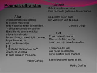 Poemas ultraístas           Alba Al descorrerse las cortinas la estrella mas torpe rodó haciendo rodar su cascabel. Y el eco respondió en la torre. El sol tiende su mano ávida, y levantan el vuelo las sombras, con estrépito de alas. Impaciente, el día mira por las rendijas [...] ¿Quién ha ahorcado el sol? Al abrir la ventana la calle entra en mi cuarto.                                                           Pedro Garfías       Guitarra Habrá un silencio verde todo hecho de guitarras destrenzadas La guitarra es un pozo con viento en vez de agua.                               Gerardo Diego          Sol El sol ha tenido su red Mi corazón Mi corazón es un pez rojo entre las mallas. Enlazadas del talle  Las horas se deslizan por el  skating  de la mañana Sobre una rama canta el día.                                                                 Pedro Garfías                               
