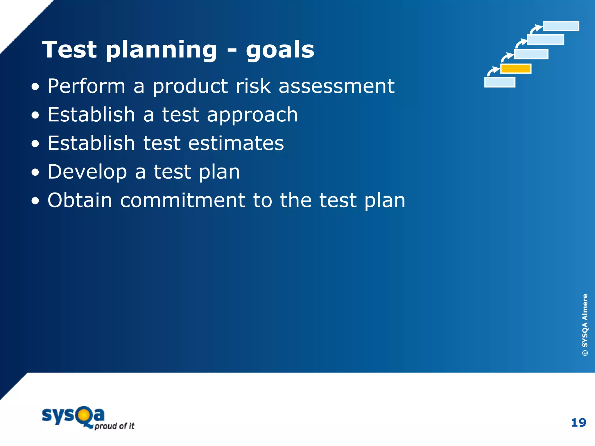©SYSQAAlmere
19
Test planning - goals
• Perform a product risk assessment
• Establish a test approach
• Establish test estimates
• Develop a test plan
• Obtain commitment to the test plan
 