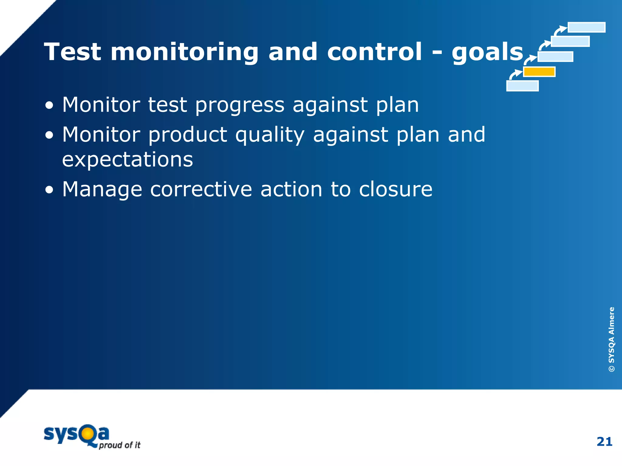 ©SYSQAAlmere
21
Test monitoring and control - goals
• Monitor test progress against plan
• Monitor product quality against plan and
expectations
• Manage corrective action to closure
 