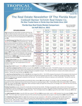 Volume 11, Number 3
                                                                                                                                                      Summer 2012


               The Real Estate Newsletter Of The Florida Keys!
                                   Coldwell Banker Schmitt Real Estate Co.
                                   The Most Trusted Name in Florida Keys Real Estate Since 1955

                                     Florida Keys Real Estate Market Comparison:                                                                *Source: Tri-Services Multiple
                                                                                                                                                 Listing Service (MLS) Board
                                                                                                                                                   Key Largo To Key West
                                                1st Half 2012 vs. 2011 
                  KEYS‐WIDE OVERVIEW                                                        Upper Keys        Middle Keys       Lower Keys      Key West            All Areas 
                                                                                          (Lower Matecumbe    (7 Mile Bridge     (Bay Point     (Key West to              
                                                                      Green (+) 
Sales during the ﬁrst half of 2012 increased +5% from the              Red (‐)               to Key Largo)     to Long Key)     to Big Pine)     Shark Key)         Keys‐Wide 
1,131 recorded during that same period in 2011.  Of note is     Total Number of Sales        2% More           24% More          3% More         1% Less            5% More 
that the number of sales for the ﬁrst half of 2012 exceeded         as of 6/30/12:             376               246               214            350                1,186 
those of the January‐June period going back to 2006 when it        Avg. Sales Price           5% Less          8% More           14% Less        1% More             2% Less 
was 830.                                                            as of 6/30/12:             $392K            $403K             $310K           $504K               $412K 
                                                                                                                                                                           
                                                                   $ Value of Sales 
The $412K Average Sale Price (ASP) at the end of June was                                     4% Less          34% More          11% Less       No Change           2% More 
                                                                    as of 6/30/12: 
                                                                                             $147MM             $99MM            $66MM           $176MM             $489MM 
‐2% less than the $420K for that period last year.  The ASP         (in millions $) 
for the January‐June period, however, is up +2% from the            Sale Price to                                                                                          

                                                                  Original List Price        5% More           9% More           2% More         9% More            6% More 
ASP at the end of 2011.  Commencing in 2007, the ASP has                                      76.92%            79.61%            83.70%          87.08%             81.83% 
                                                                   as of 6/30/12: 
declined year‐to‐year with the largest drop of ‐23% for 2009                                                                                                               
                                                                    Sale Price to  
vs. 2010.  Today’s $412K is a reduc on of ‐48% over the past       Final List Price          2% More          No Change          1% More         2% Less           No Change 
6 years, placing it in the 2002 and 2003 price range.  This        as of 6/30/12:             90.06%           90.95%             90.39%         93.89%             91.32% 
reduc on in average sales price is, we believe, more the          Avg. Days to Sell          1% More           17% Less          1% More         24% Less           11% Less 
result of 75% of buyers purchasing proper es priced below          as of 6/30/12:              285               253               241             254                258 
$500K than it is a measure of a reduc on in the average         Pending Transac ons          11% More          40% More         12% More         1% More           13% More 
market value of property.  For the ﬁrst half of 2006, the          as of 6/30/12:              438               295              244              369               1,346 
                                                                Number of Proper es                                                                                        
peak ASP year at $805K, 33% of the buyers purchased                                           8% Less          13% Less          7% Less         10% Less            9% Less 
                                                                      For Sale 
proper es priced below $500K.                                                                  1,028             597              587              818                3,030 
                                                                   as of 6/30/12: 
                                                                                                                                                                           
The Dollar Value of Sales rose +2% to $489MM compared              Avg. List Price 
                                                                 Proper es For Sale         No Change          6% More           3% More         7% More            3% More 
to $478MM for the ﬁrst half of 2011 as a result of the +5%                                    $769K             $732K             $558K           $812K              $733K 
                                                                   as of 6/30/12: 
increase in total sales. This compensated for the ‐2%           Months of Inventory           9% Less          30% Less          10% Less        9% Less            14% Less 
reduc on in ASP.                                                   as of 6/30/12:               16               15                16              14                 15 
 

Average Days to Sell dropped ‐11% to 258 days from the 290 of the 2011 January ‐ June period.    
 


The Sale Price‐to‐Original List Price (OLP/SP) increased +6% to 81.83% from 77.10% a year earlier.  The OLP/SP compares the sale price of the property 
to its list price at the  me it ﬁrst came on the market versus the list price at the  me the contract was wri en. It provides a measure of the mismatch 
between ini al list price of many sellers and the market price acceptable to buyers.  This ra o will con nue to increase as the market con nues to 
improve.  The best this ra o has been was 89.73% in 1999.    
 


The Sale Price‐to‐Final List Price (FLP/SP) of 91.32% did not change from 2011’s.  The FLP/SP compares the sale price of the property to the list price of 
the property at the  me the contract was wri en instead of at the  me the property was ﬁrst listed.  It reﬂects the average percentage of the ﬁnal 
listed price that buyers are paying for proper es that have sold.  This ra o will also con nue to improve as the market does.  The best this ra o has 
been was 94.85% in 2004.  
 

The margin between the OLP/SP (81.83%) and FLP/SP (91.32%) is almost 10%, which indicates, on average, a seller can an cipate up to a 10% 
reduc on from their Original List Price to the Final List Price prior to receiving a buyer’s oﬀer.  It had reached +25% at the end of 2009.  From 2004 to 
2006, that margin averaged 9.3%.  Addi onally, sellers and buyers today can expect the contract price, on average, to be ‐10% from the Final List Price.  
From 2004‐2006, that average was ‐8.1%.   
 

Pending Transac ons provide a forecast for closed sales over the next two months.  Pendings are proper es under contract and in the process of 
comple ng the contract con ngencies such as inspec ons and ﬁnancing prior to closing.  Keys‐wide Pending Transac ons increased +13% compared to 
the 2011’s ﬁrst half, going from 1,187 to 1,346 during 2012.  That is the highest level since 1,464 during the ﬁrst half of 2004. The low was 724 for the 
ﬁrst half of 2008.   
 

The 3,030 Proper es For Sale on June 30, 2012 was a drop of ‐9% from 3,345 one year earlier, and is a ‐40% reduc on from the peak of 5,084 in March 
of 2007.  This is the single most important measure of the con nued improving market and we expect it will drop below 3,000 during Q3 of 2012. 
 

The 15 Months of Inventory (MOI) from 18 at the end of June last year represents a ‐14% decline, con nuing down from 55 months at the  
end of March 2008.  2012’s reduc on in MOI is the result of the con nuing decline in inventory of proper es for sale with an increase in 
number of sales.  MOI provides a measure of the rate of sales versus the supply of proper es, otherwise known some mes as the 
“absorp on rate.” (con nued on page 4) 
                                                              Visit www.RealEstateFloridaKeys.com
 