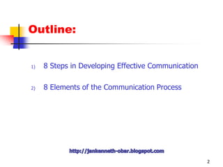 Outline:8 Steps in Developing Effective Communication8 Elements of the Communication Process2http://jankenneth-obar.blogspot.com