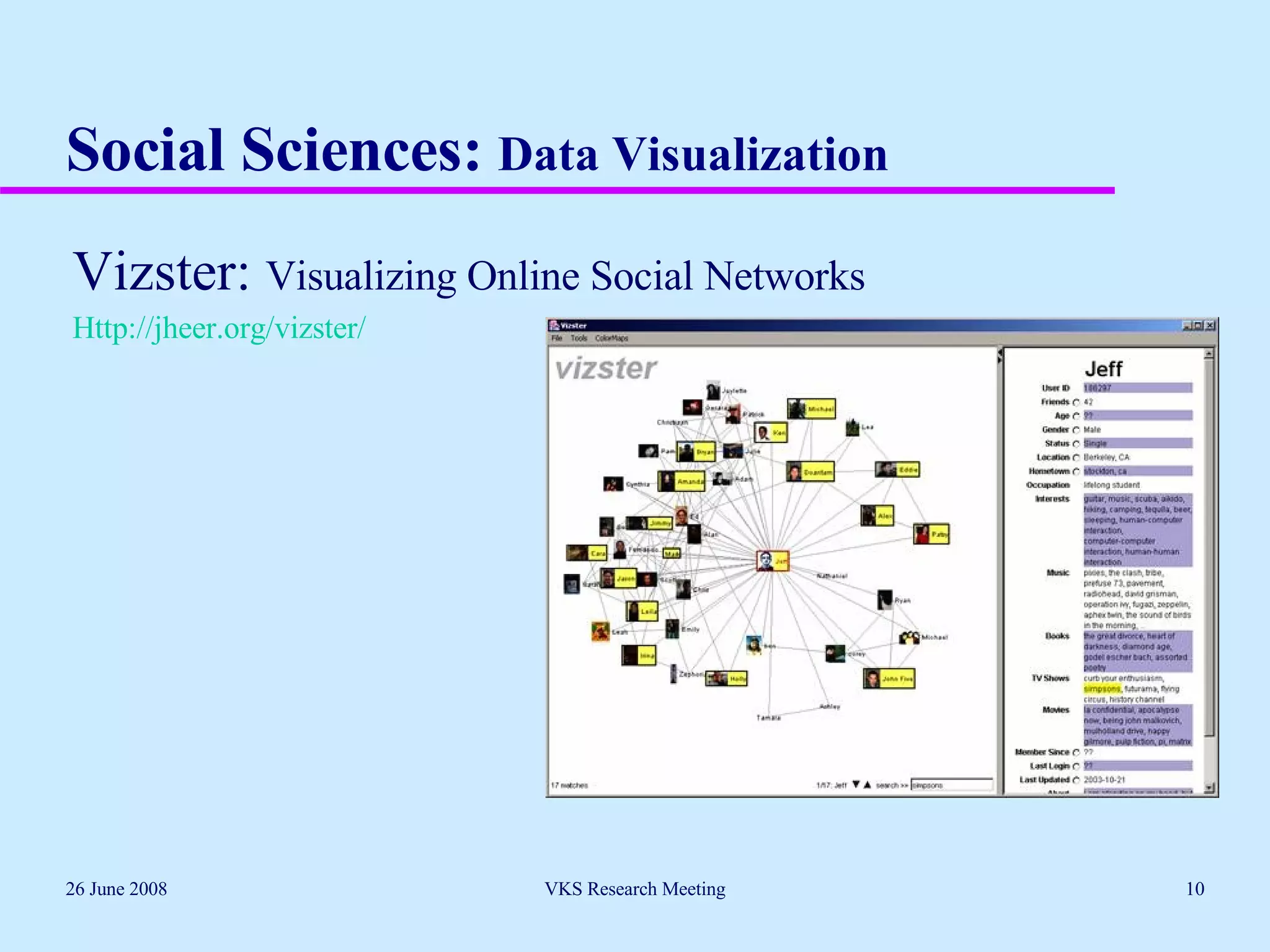 Social Sciences:  Data Visualization Vizster:  Visualizing Online Social Networks Http://jheer.org/vizster/ 26 June 2008 VKS Research Meeting 