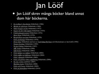 Jan Lööf
    • Jan Lööf skrev många böcker bland annat
        dom här böckerna.
•   En trollkarl i Stockholm (bilderbok) (1966)
•   Morfar är sjörövare (bilderbok) (1966)
•   Viktor bygger en bro (bilderbok) (1972)
•   Sagan om det röda äpplet (bilderbok) (1974)
•   Födelsedagspresenten (bilderbok) (1974)
•   Skrot-Nisse (bilderbok) (1976)
•   Bergtrollens nya hem (bilderbok) (1976)
•   Pelles ﬁcklampa (bilderbok) (1978)
•   Örnis bilar (bilderbok med text av Carl Johan De Geer och illustrationer av Jan Lööf) (1994)
•   Tomten berättar (bilderbok) (1995)
•   Ta fast Fabian (bilderbok) (1997)
•   ABC boken (bilderbok) (1999)
•   Sifferboken (bilderbok) (2001)
•   Pelle hjälper en riddare (bilderbok) (2004)
•   Pelle träffar en lokförare (bilderbok) (2004)
•   Pelle i djungeln (bilderbok) (2005)
•   Pelle och farbror Ottos uppﬁnning (bilderbok) (2006)
•   Nu ska vi köra (pekbok) (2007)
•   Matildas katter (bilderbok) (2008)
•   Pelle och Frasse (bilderbok) (2009)
•   Pelle på planetfärd (bilderbok) (2010)
 