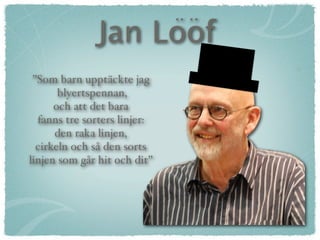 .. ..
               Jan Loof
 ’’Som barn upptäckte jag
       blyertspennan,
      och att det bara
   fanns tre sorters linjer:
      den raka linjen,
  cirkeln och så den sorts
linjen som går hit och dit’’
 