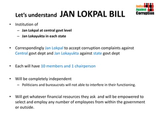 Let’s understand  JAN LOKPAL BILL Institution of  Jan Lokpal at central govt level Jan Lokayukta in each state Correspondingly  Jan Lokpal  to accept corruption complaints against  Central  govt   dept and  Jan Lokayukta  against  state  govt dept Each will have  10 members and 1 chairperson Will be completely independent  Politicians and bureaucrats will not able to interfere in their functioning. Will get whatever financial resources they ask  and will be empowered to select and employ any number of employees from within the government or outside. 