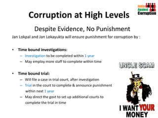 Corruption at High Levels Despite Evidence, No Punishment Jan Lokpal and Jan Lokayukta will ensure punishment for corruption by : Time bound investigations:   Investigation  to be completed within  1 year May employ more staff to complete within time Time bound trial:   Will file a case in trial court, after investigation Trial  in the court to complete & announce punishment  within next  1 year May direct the govt to set up additional courts to complete the trial in time  
