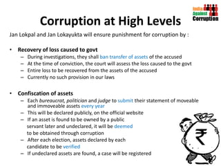 Corruption at High Levels Jan Lokpal and Jan Lokayukta will ensure punishment for corruption by : Recovery of loss caused to govt   During investigations, they shall  ban transfer of assets  of the accused At the time of conviction, the court will assess the loss caused to the govt Entire loss to be recovered from the assets of the accused  Currently no such provision in our laws Confiscation of assets Each  bureaucrat, politician  and  judge  to  submit  their statement of moveable and immoveable assets  every year This will be declared publicly, on the official website If an asset is found to be owned by a public  servant later and undeclared, it will be  deemed  to be obtained through corruption After each election, assets declared by each  candidate to be  verified  If undeclared assets are found, a case will be registered 