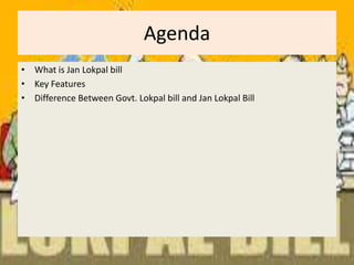 AgendaWhat is Jan Lokpal billKey FeaturesDifference Between Govt. Lokpal bill and Jan Lokpal Bill