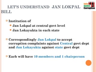LET’S UNDERSTAND JAN LOKPAL
BILL

    Institution of
       Jan Lokpal at central govt level
       Jan Lokayukta in each state


    Correspondingly Jan Lokpal to accept
     corruption complaints against Central govt dept
     and Jan Lokayukta against state govt dept

    Each will have 10 members and 1 chairperson
 