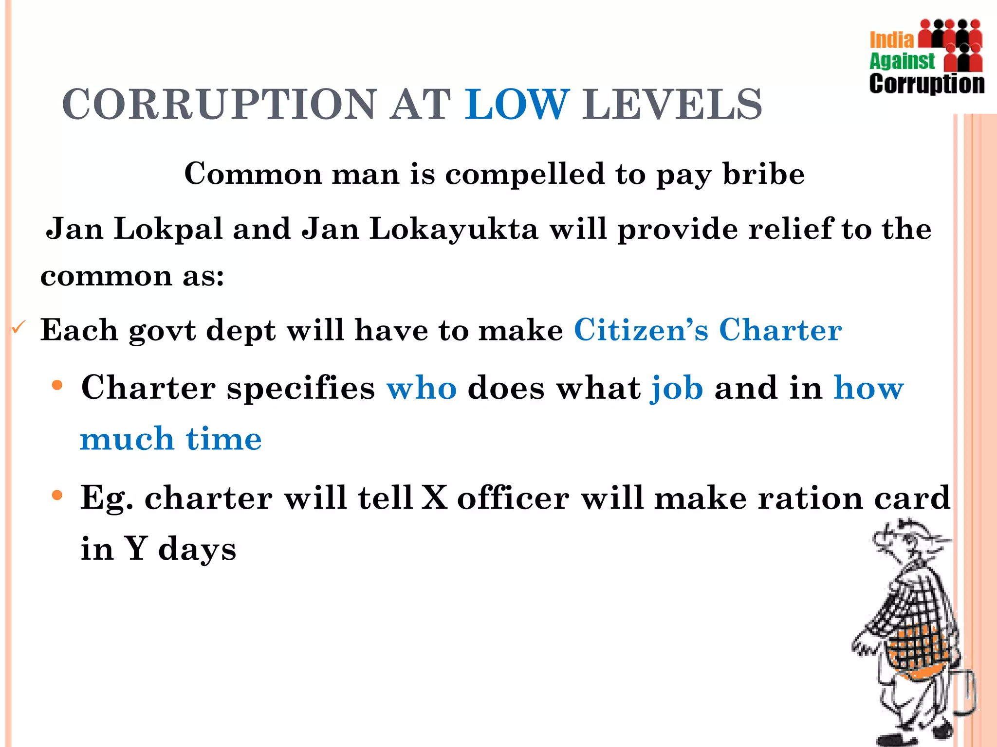 CORRUPTION AT  LOW  LEVELS   Common man is compelled to pay bribe  Jan Lokpal and Jan Lokayukta will provide relief to the common as:  Each govt dept will have to make  Citizen’s Charter Charter specifies  who  does what  job  and in  how much time Eg. charter will tell X officer will make ration card in Y days 