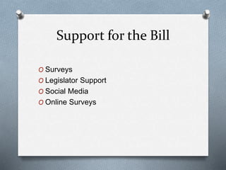 Support for the Bill
O Surveys
O Legislator Support
O Social Media
O Online Surveys
 